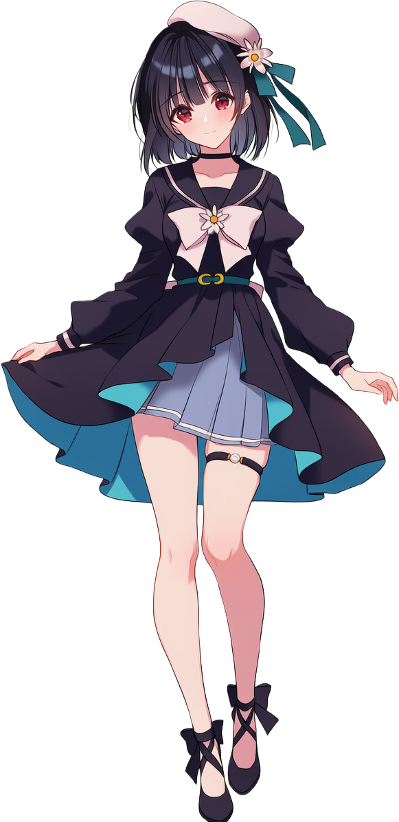 黒い髪に花を飾り、黒と青緑の衣装を着た月瀬くろね
